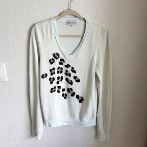 Wildfox Mint Green Leopard Graphic Sweatshirt V-Neck XS Vintage Cozy Pullover